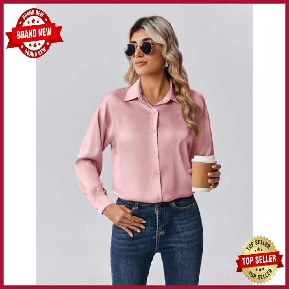 Long Sleeve Satin Button Down Blouse - Business Casual Fall Top - Picture 6 of 8